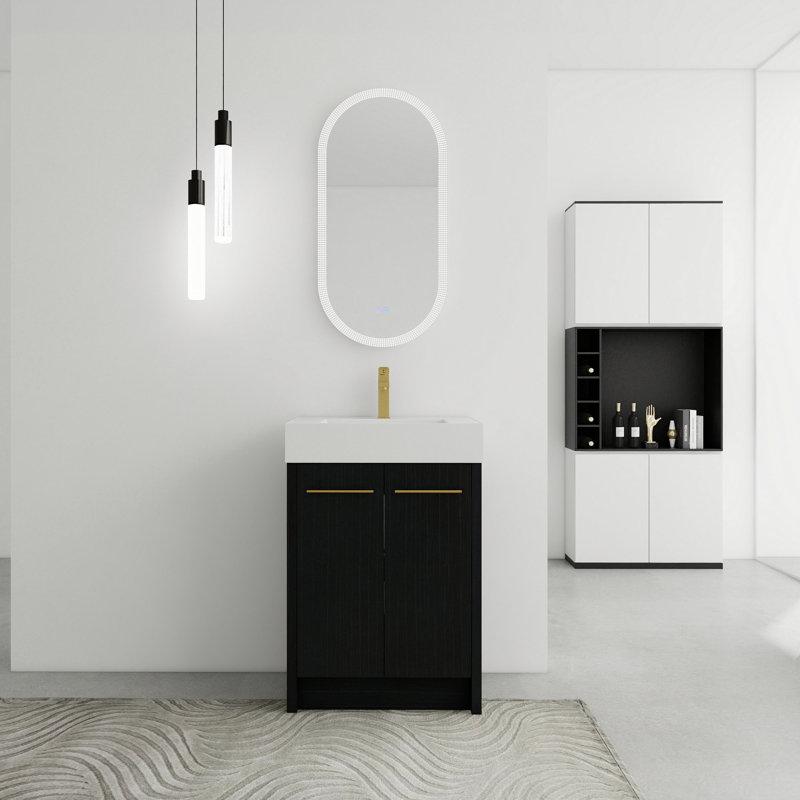 Meuble-lavabo autoportant de 24 po avec lavabo en résine, avec porte à fermeture douce, ensemble KD