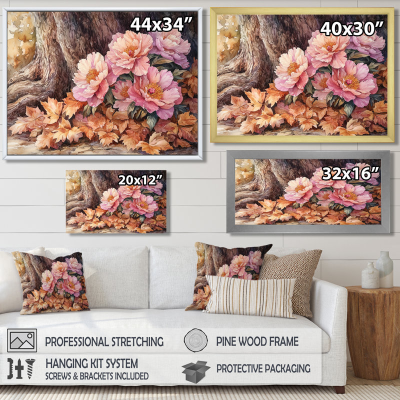 Imena, pivoines par le chêne, art mural, H 30 po x l 40 po, Brun, Impression encadrée flottante