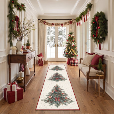 Tapis lavable à poils ras, motif animaux de Noël, oiseaux chanteurs et sapin, ivoire/vert, pour chambre à coucher