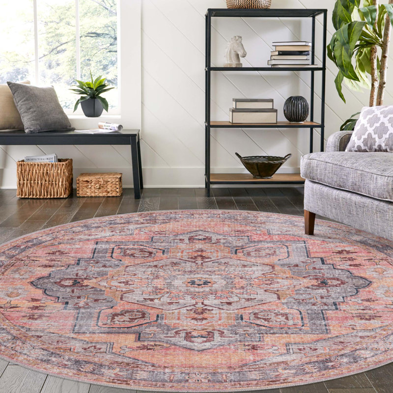 Tapis oriental abricot / rose / gris Engebretson, Rond 5 pi 3 po