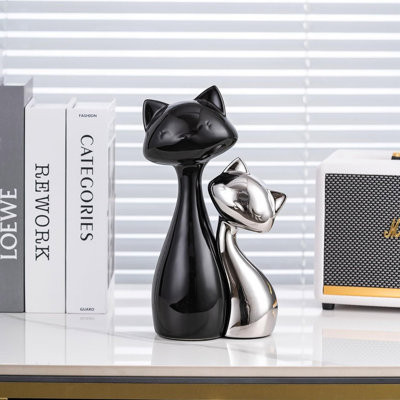 Ensemble de figurine de chat en céramique (2 pièces) noir et argent