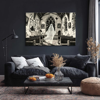 Halloween Ghosts Canvas Wall Art 40X28 Inch, Ghost Poster In The Church Halloween Themed Wall Decorations Scary Eerie Dark Academic Paintings Prints Holiday Gifts Ready To Hang