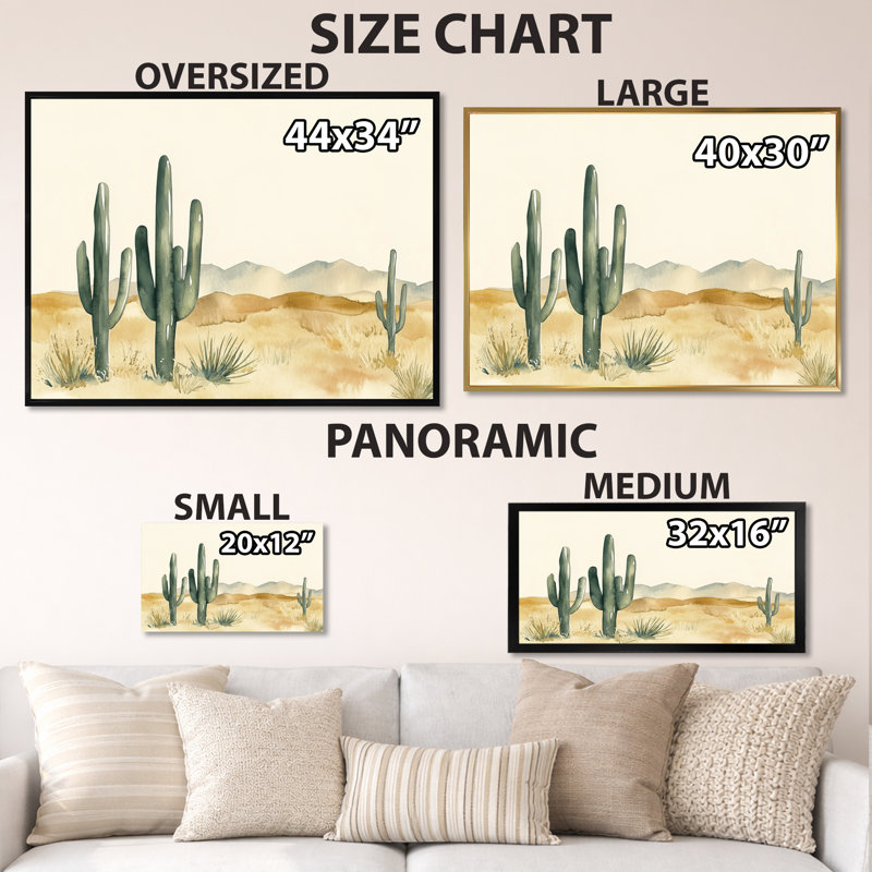 «Soft Desert Cactus I», art mural encadré vert, H 34 po x l 44 po, Cadre flottant noir