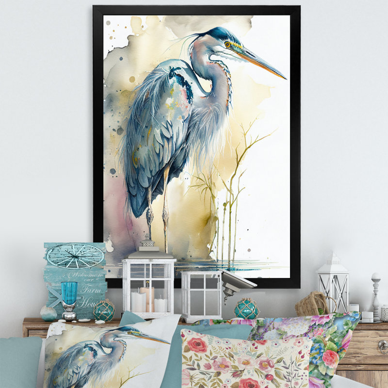 Héron au bord de l'eau, aquarelle III - héron, art mural, H 40 po x l 30 po x P 1,5 po, Impression noire sur toile encadrée