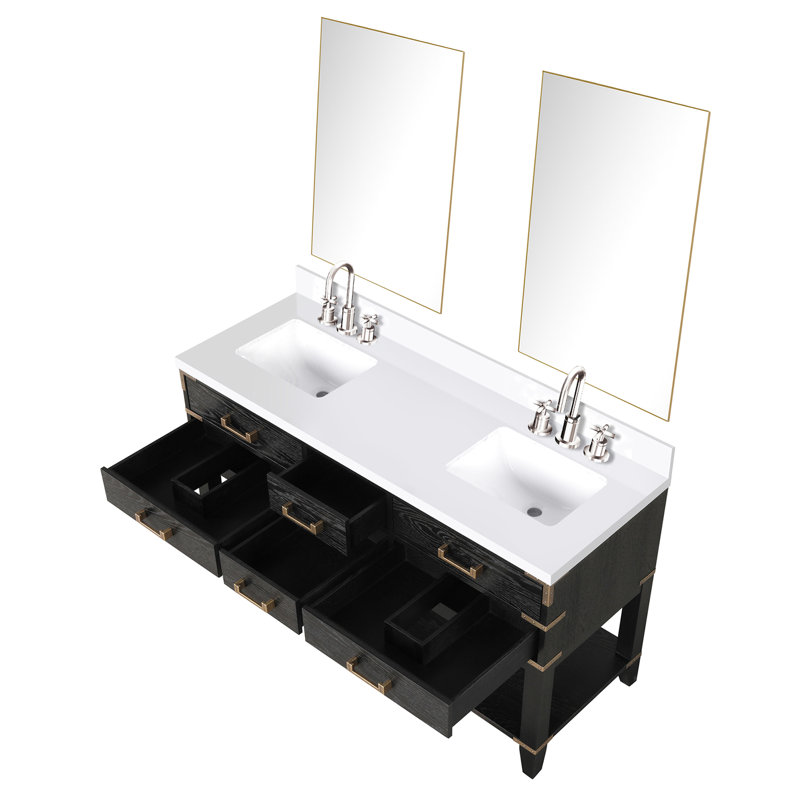 60 po Large meuble-lavabo double en chêne noir avec comptoir en quartz blanc, robinet et 28 miroirs, le comptoir poli à la main est livré avec
