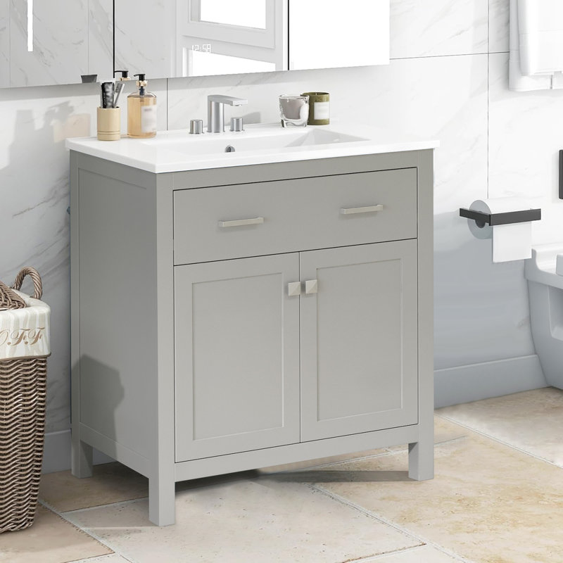 30" Single Bathroom Vanity with Ceramic Top, Gray