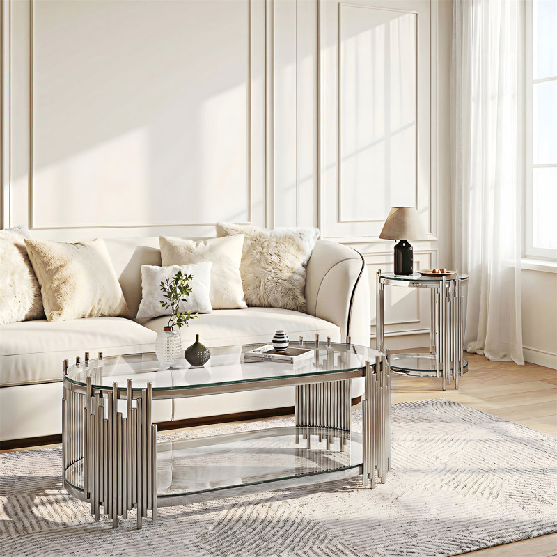Ensemble de 2 tables basses et tables d'appoint, Transparent / argent