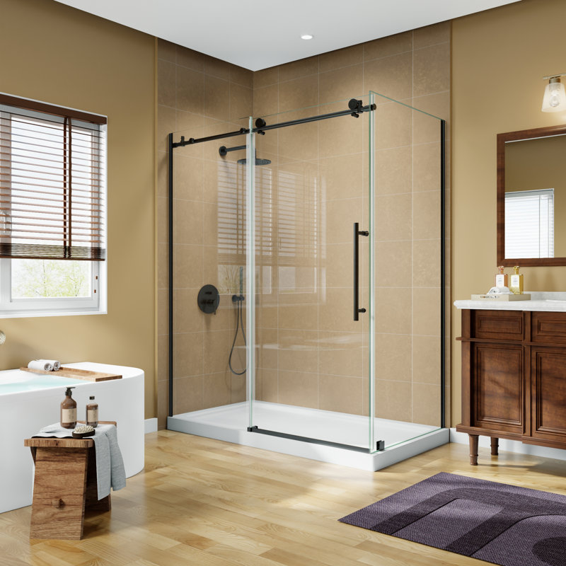 60" W X 36" D X 72" H Frameless Rectangle Sliding Shower Enclosure With 5/16" Clear Tempered Glass, Matte Black