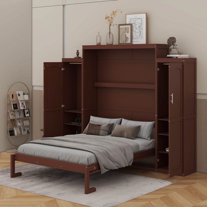 Lit escamotable avec 2 garde-robes et tablette de rangement, Noyer, Grand lit