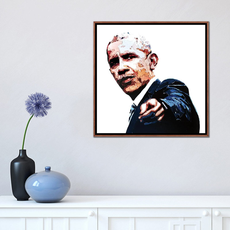 «Obama» par EdsWatercolours - impression, H 18 po x l 18 po x 1,5 po, Toile avec cadre en bois brun classique, Pas de tapis