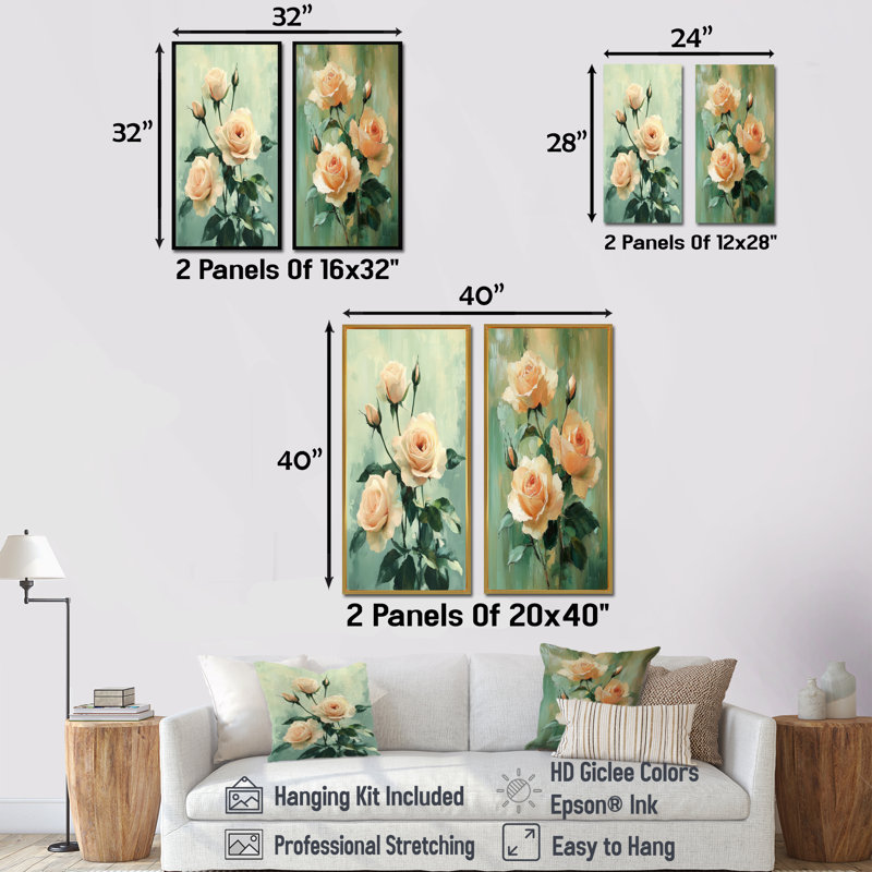 Collection de 2 panneaux roses roses et vertes Serenity I, H 40 po x l 41 po, Cadre crème crème