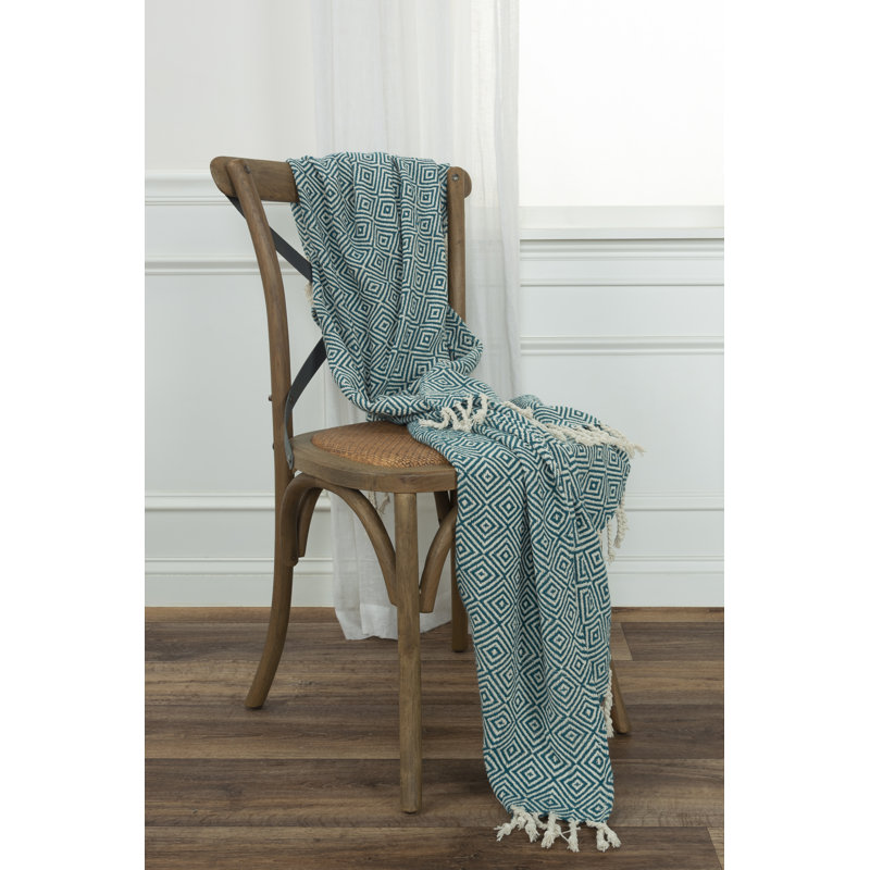 Teal and Natural Cotton Geometric Throw Blanket with Fringed Edge