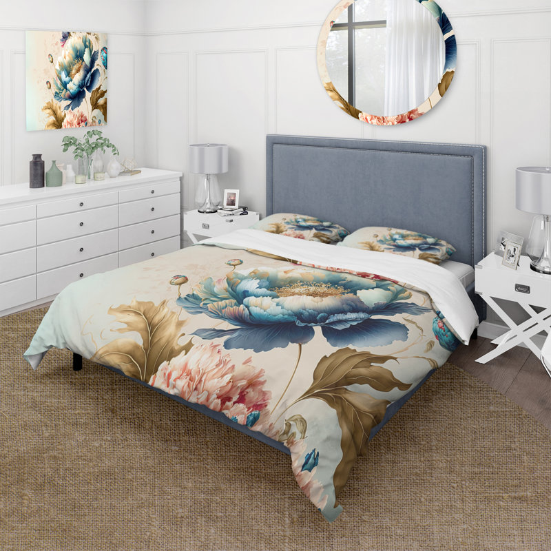 Blue And Gold Floral Bunch I - Floral Duvet Cover Set - Microfiber Polyester, King Duvet Cover + 2 King Shams