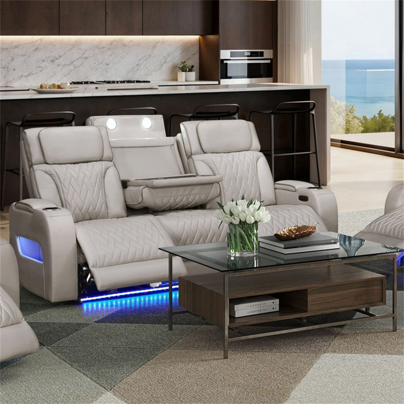 Canapé inclinable électrique Aaz en cuir blanc l 84 po avec repose-tête électrique, lumières DEL, table de chargement sans fil, ports USB et USB-C, rangement et porte-gobelets