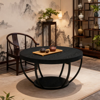 Table basse en bois, table basse ronde à 2 niveaux avec tablettes