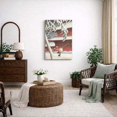Traditional Red Shrine in Falling Snow Artwork, Japanese Winter Temple Pictures, Framed Canvas Giclee Print Wall Art