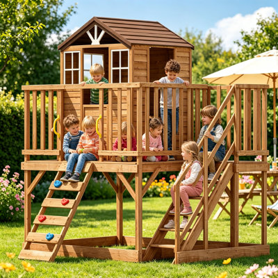 2 Story Wooden Playhouse with Climbing Wall for kids aged 3 to 8, Outdoor Wooden Playhouse with Step Ladder, Sandbox, Elevated Modern Cedar Kids Playhouses for Small Yards.