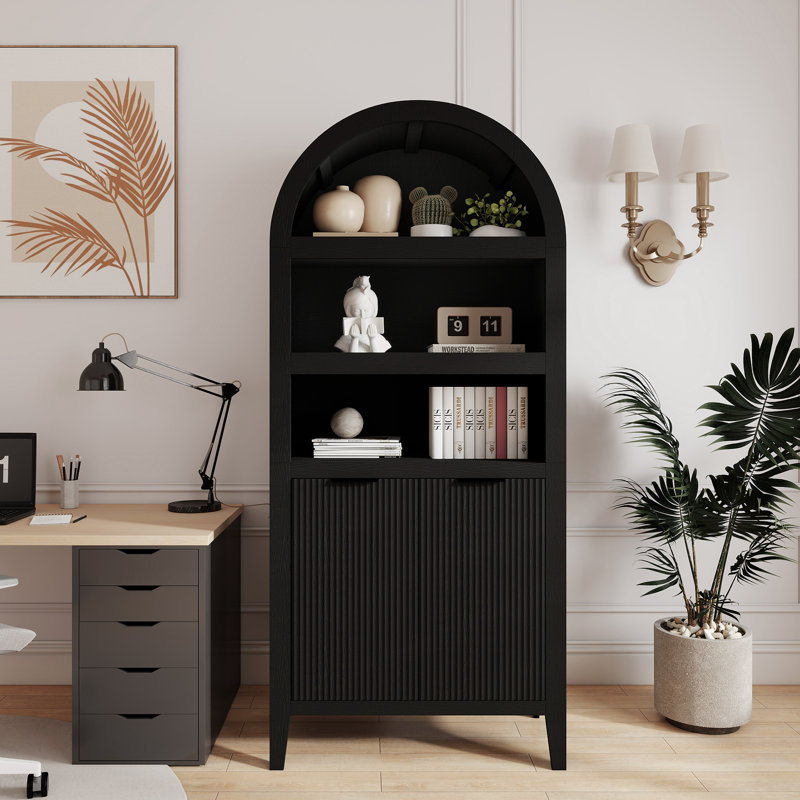 5 Tiers 72" Arched with Fluted Doors Bookcase, Cabinet Floor Standing Bookshelf, Black