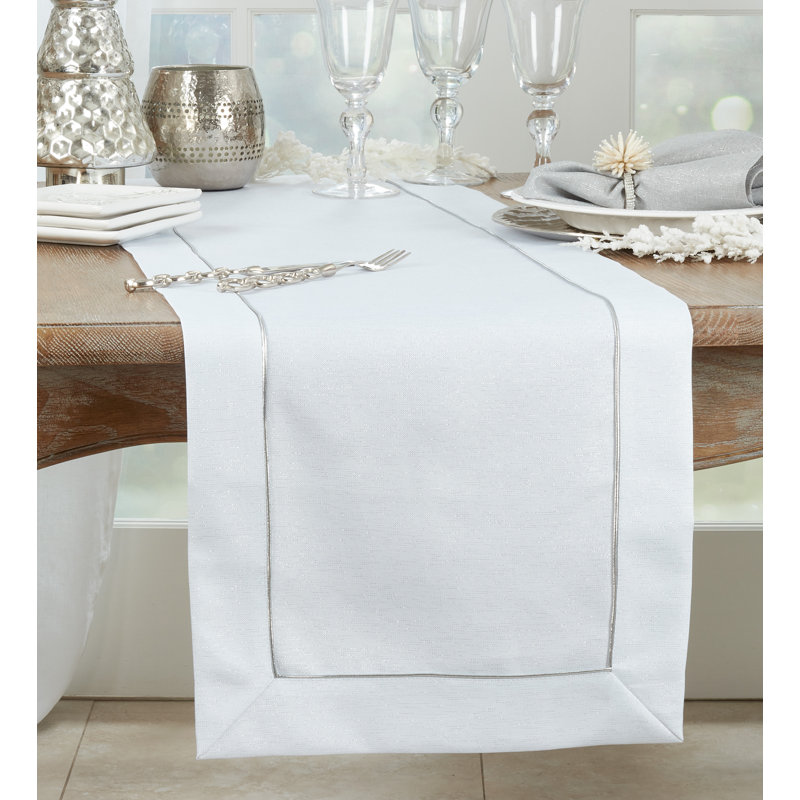 Bourget Collection Shimmering Table Runner with Piping Detail, White, 16" W x 120" L
