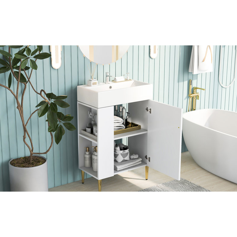 Meuble-lavabo de salle de bain avec lavabo en céramique et intérieur spacieux, Blanc