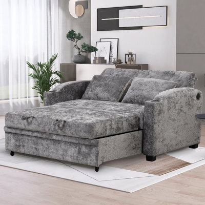 Canapé-lit convertible en chenille de 61,6 po avec dossier réglable, 2 coussins et porte-gobelets