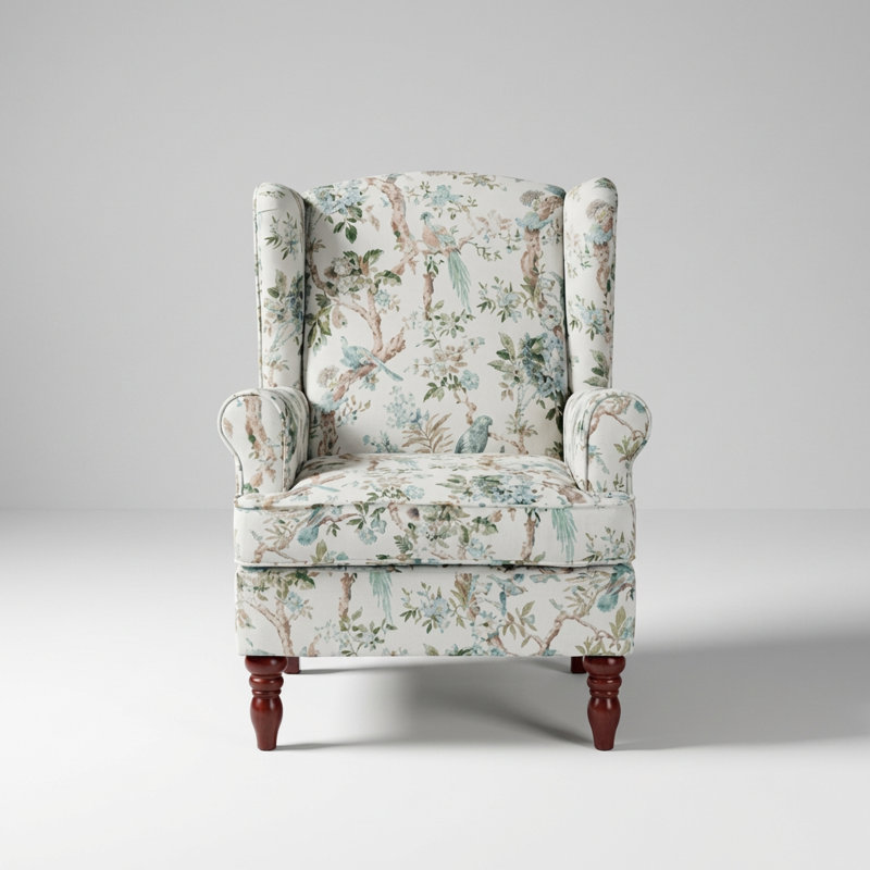 Modern Accent Armchair with Floral Upholstery and Retro Wooden Legs
