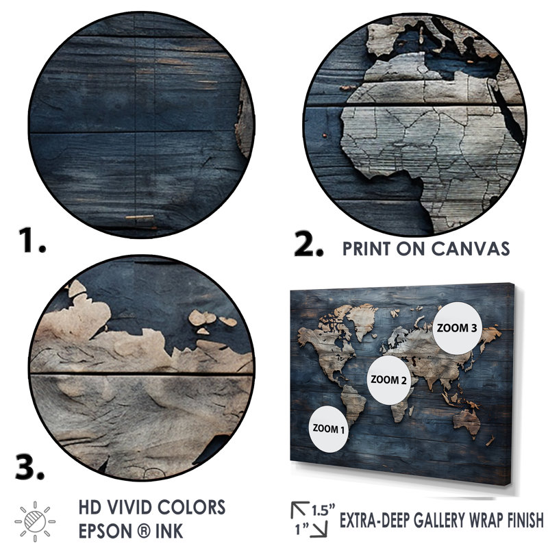 Rustic Routes world map - World Map Canvas Prints, 34" H x 44" W x 1.5" D, Wrapped Canvas