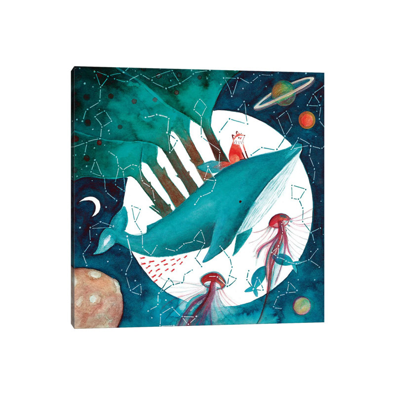 Renard et baleine IV - impression, Toile tendue, Pas de tapis, H 18 po x l 18 po x 1,5 po