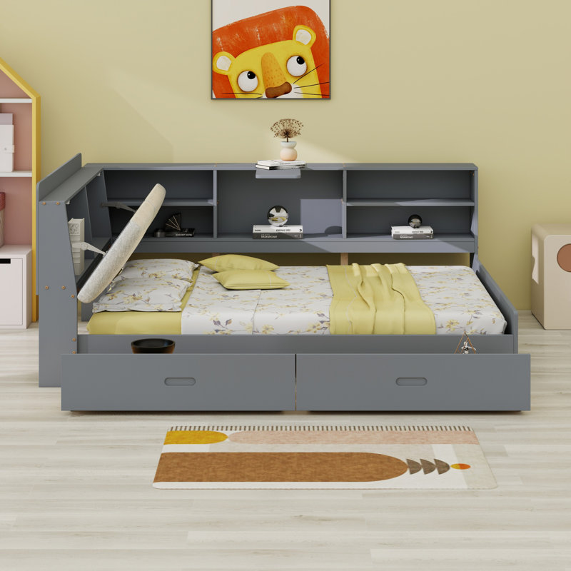 Lit plateforme avec tête de lit avec rangement, tablettes et 2 tiroirs, Gris