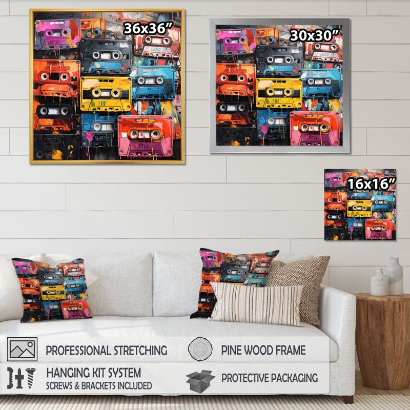 Cassette Tapes Scattered Across III - Music Canvas Art Print, Toile tendue, H 16 po x l 16 po x P 1 po