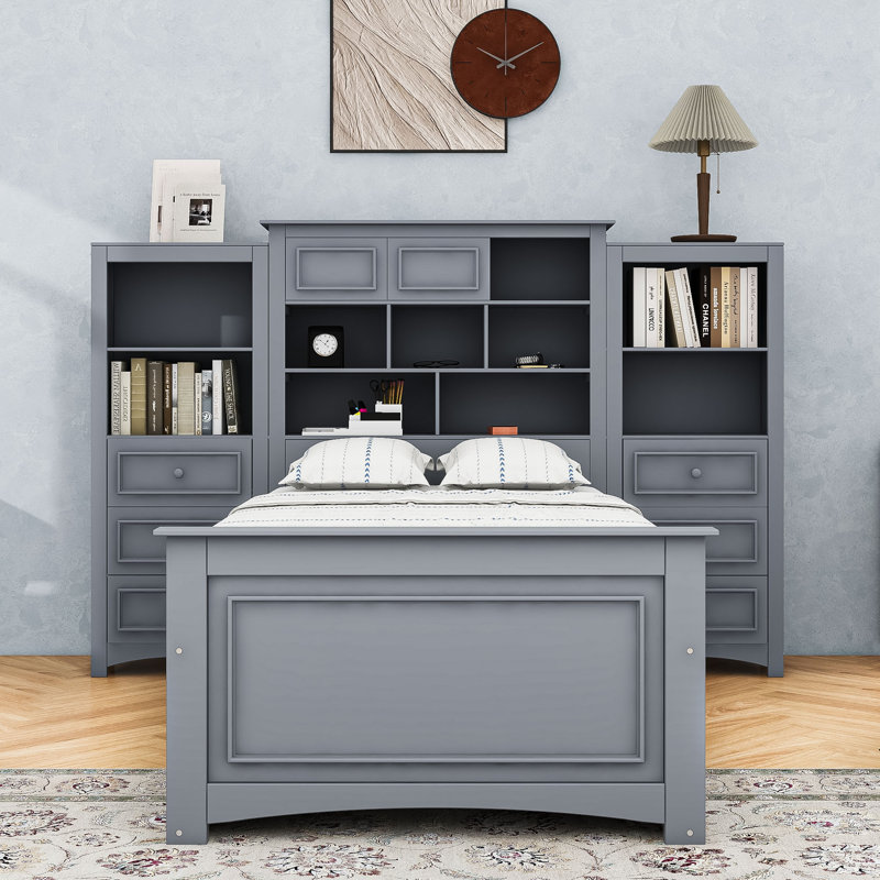 Lit plateforme 14 tiroirs en bois avec compartiments de rangement, Gris