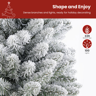Prelit Snow Spruce Artificial Flocked Christmas Tree, Incandescent Warm White Lights, Foldable Stand, Snow Flocked Full Prelighted Xmas Tree 