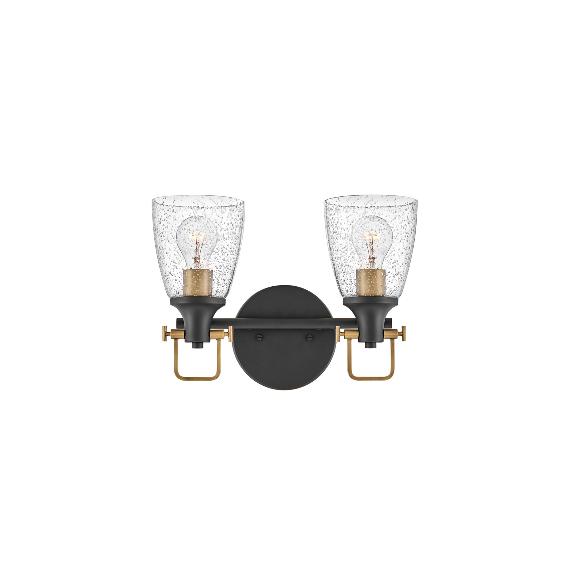 Easton Two-Light Bath Vanity Fixture w/ Clear Seedy Glass Shades, Lacquered Brass/Black