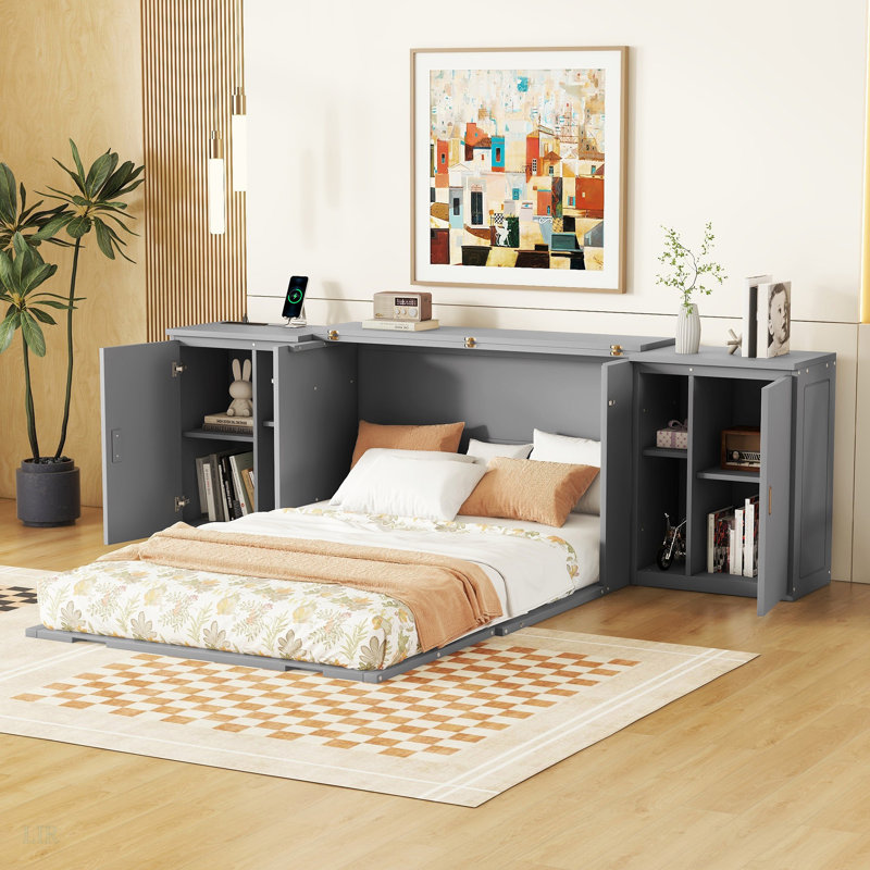 Lit escamotable avec tablettes, armoires et ports USB, cadre de lit escamotable, gris, Complet/Double
