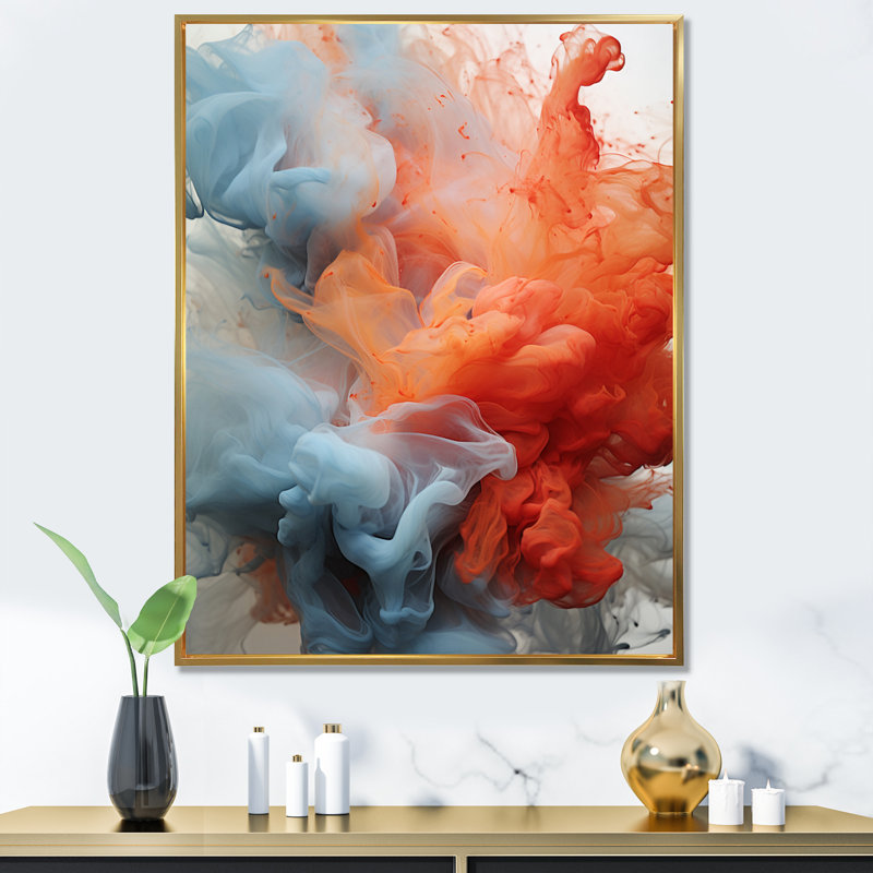 Abstraction à encre liquide bleue et orange I - Art mural abstrait encre liquide pour salon, H 40 po x l 30 po x P 1,5 po