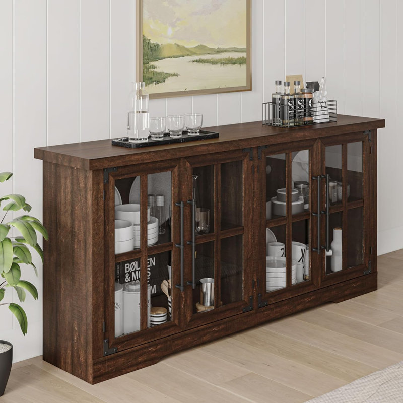 Pfarr 63" W Farmhouse Wood Sideboard with Glass Doors and Adjustable Shelves, Brown, Brown
