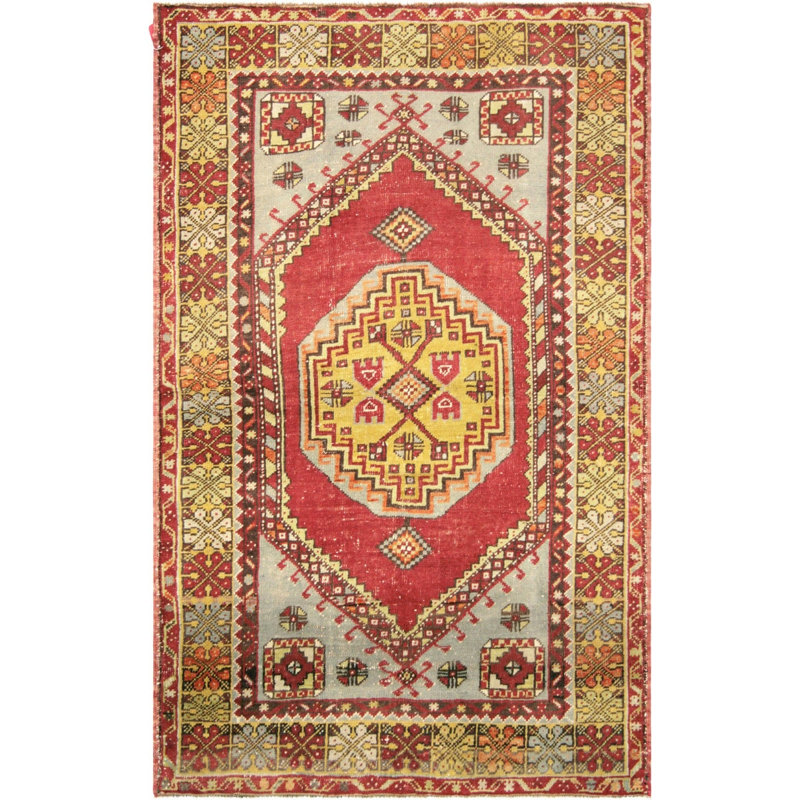 Tapis rouge / jaune en laine noué à la main de conception unique 3 pi 9 po x 5 pi 9 po années 1960