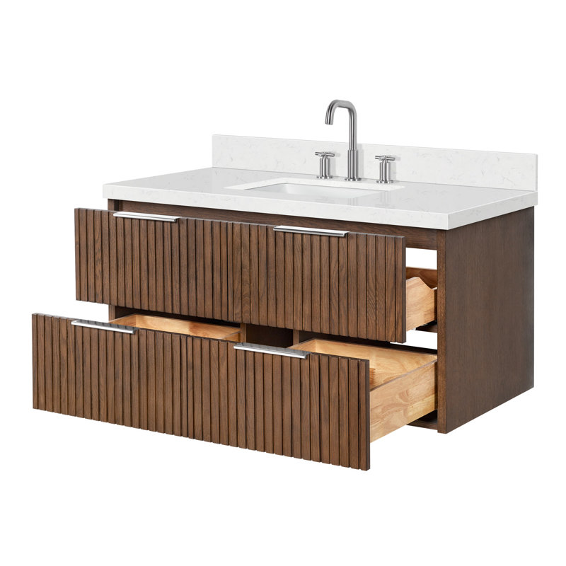 Ensemble de meuble-lavabo mural rectangulaire simple de 42 po avec comptoir à quartz blanc Carrara de 1,5 po Mulloy