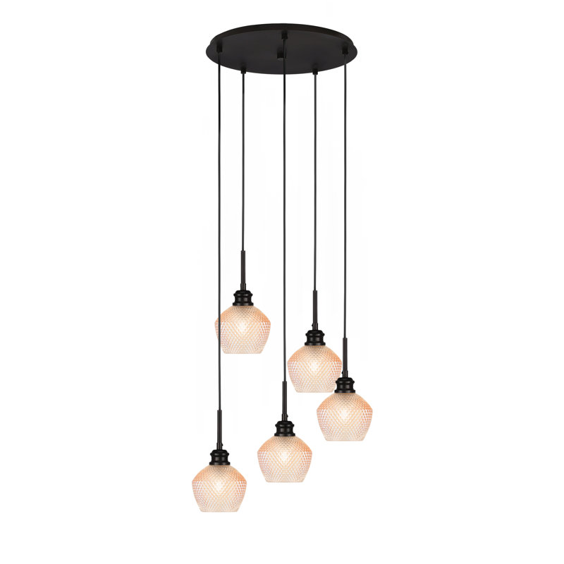 Luminaire suspendu grappe 5 lumières Sheffield présenté dans une finition espresso avec verre texturé ambre de 6 po