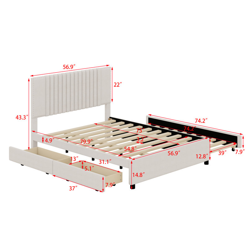 Lit plateforme tapissier avec 2 tiroirs et lit gigogne, tête de lit classique, Beige, Double