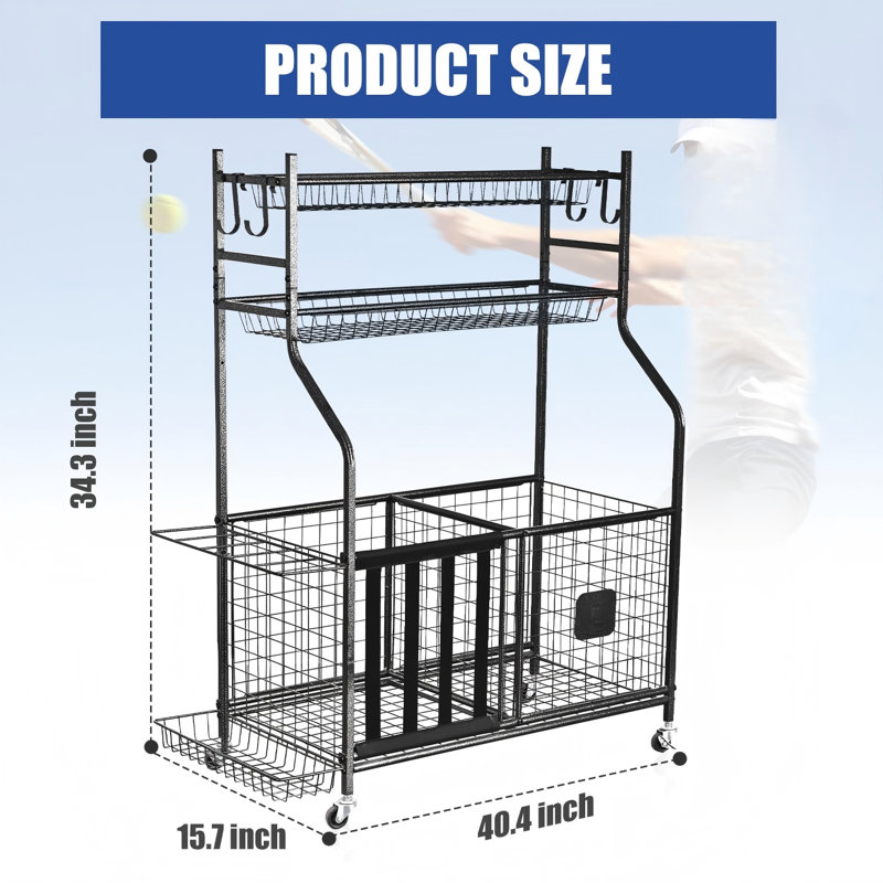 Organisateur de garage pour équipement de sport, rangement de baseball de grande capacité, organisateur de sport pour le garage avec crochets et paniers, support de rangement pour balles