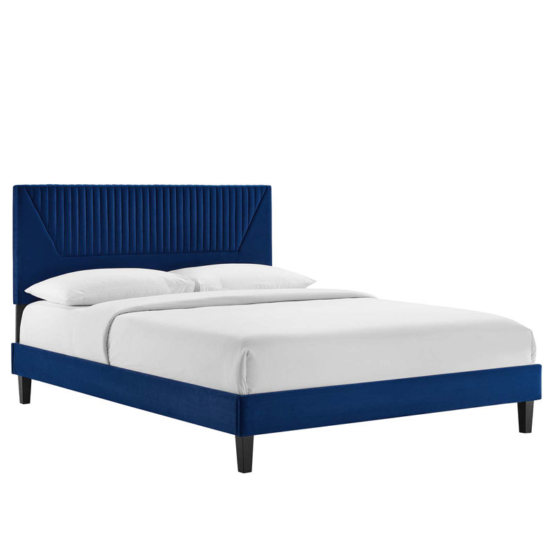 Navy Velvet Upholstered Queen Platform Bed with Tufted Headboard