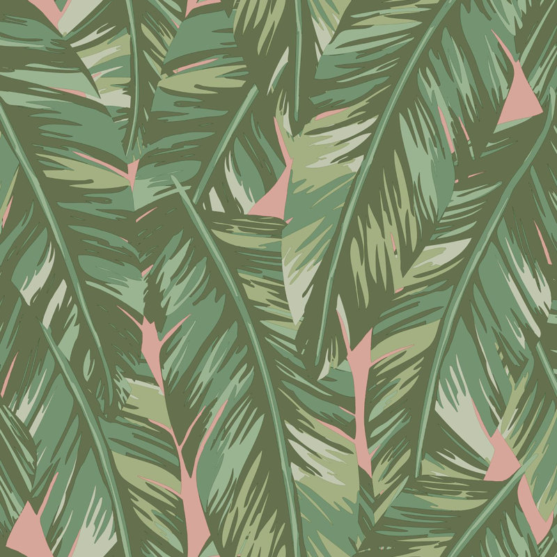 Rouleau de papier peint feuilles tropicales L 33 pi x l 20,5 po Phyllis, Vert et rose