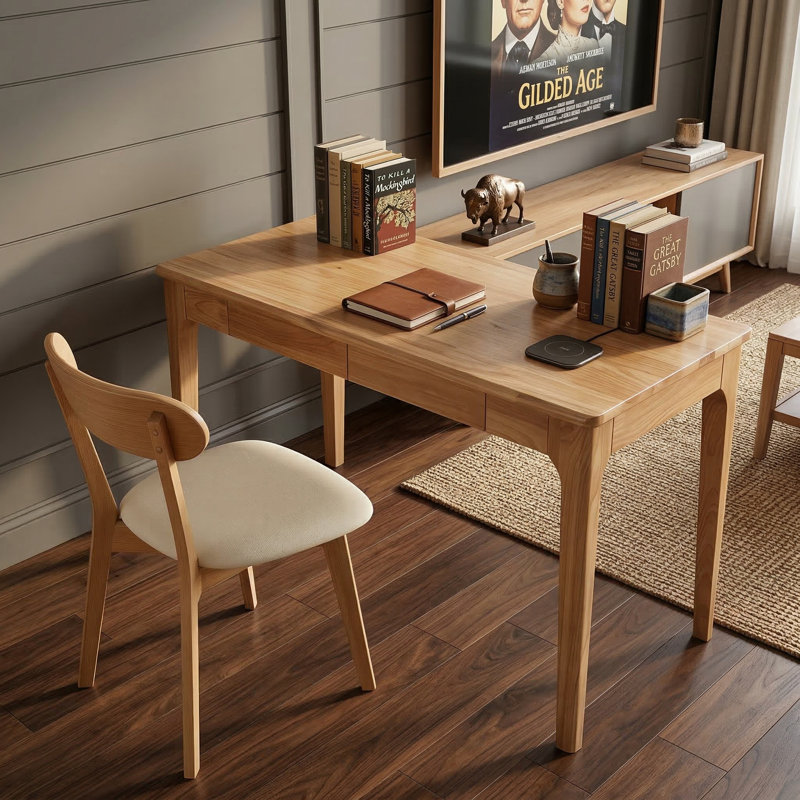 Bureau Mid-Century moderne en bois massif avec tiroirs et bords lisses pour bureau à domicile, salon, finition bois naturel