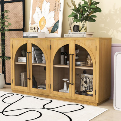 60-Inch Arched Buffet Sideboard Cabinet with Glass Panels, Adjustable Shelves and Cable Management
