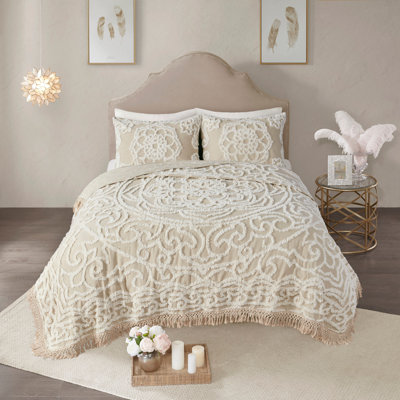 Mini ensemble de couvre-lit à franges en coton taupe touffeté et médaillon en chenille - Chaleur terreuse pour chambres neutres