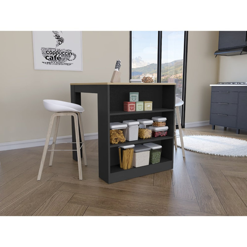 Tanna Kitchen Counter Dining Table with Three Side Shelves, Top Counter Table and Two Legs, Freestanding Kitchen Table