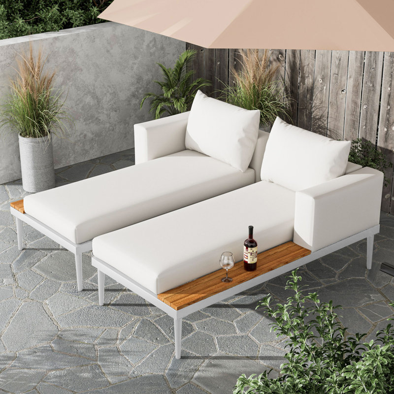 Vianette  Outdoor Patio Daybed Metal Double Chaise Lounge with Side Wood Tabletop for Drinks, Beige, White