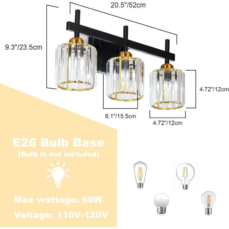 Luminaire de meuble-lavabo moderne en cristal avec 3 lumières, finition or noir, design élégant, compatible avec douille E26, installation facile, option à intensité variable