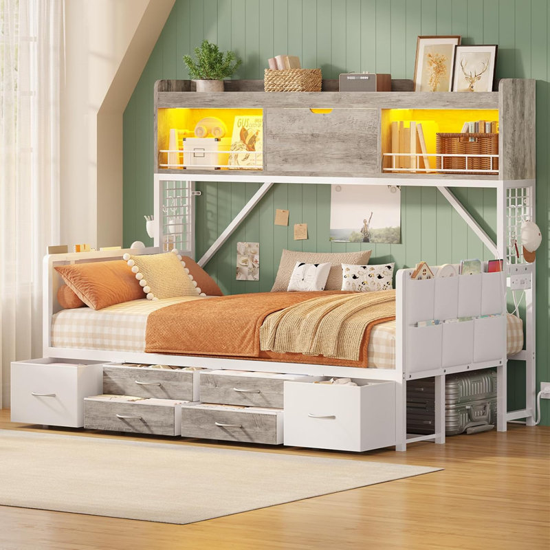 Daybed with High Bookcase & 6 Storage Drawers, 76.4"L x 39"W x 60.6"H, Gray+White, Twin